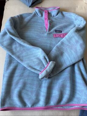 Patagonia Light Blue Fleece Pullover with Pink Accents